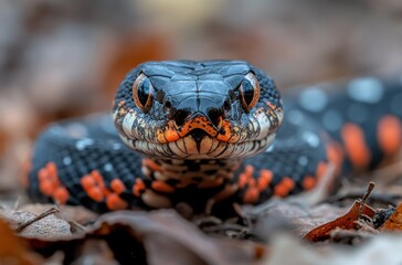 Close-Up of a Colorful Snake in Natural Habitat, Featuring Detailed Textures and Vivid Colors, Showcasing Wildlife Beauty Amidst Autumn Leaves and Natural Debris