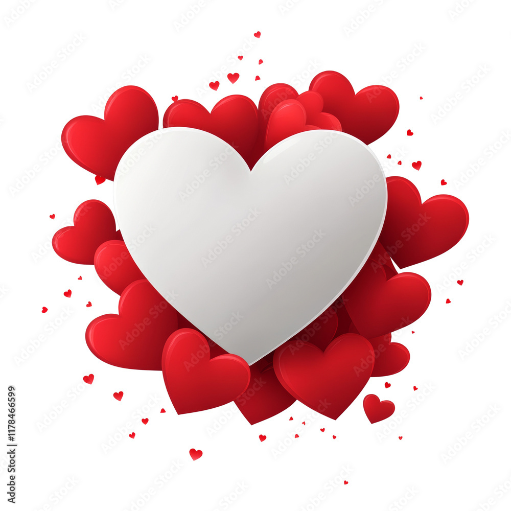 Poster a large white heart is nestled amongst numerous smaller red hearts against a light grey background c
