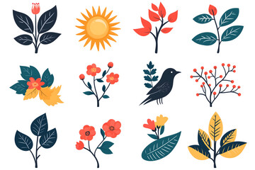 Naklejka premium Illustration of Seasonal Floral and Botanical Icons – A Vibrant Collection of Flowers and leaves. A set of seasonal vector icons. 