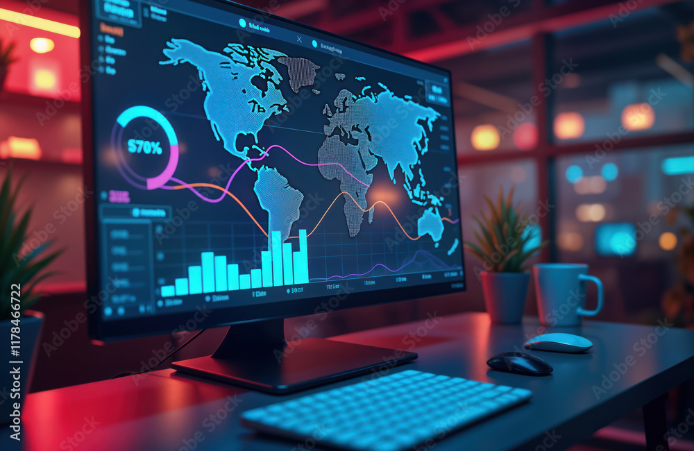 Aufkleber Modern display shows global data visualizations. Neon lights illuminate computer screen with world map, charts. Graphs show trends, analysis. Futuristic tech used for global business. Data driven