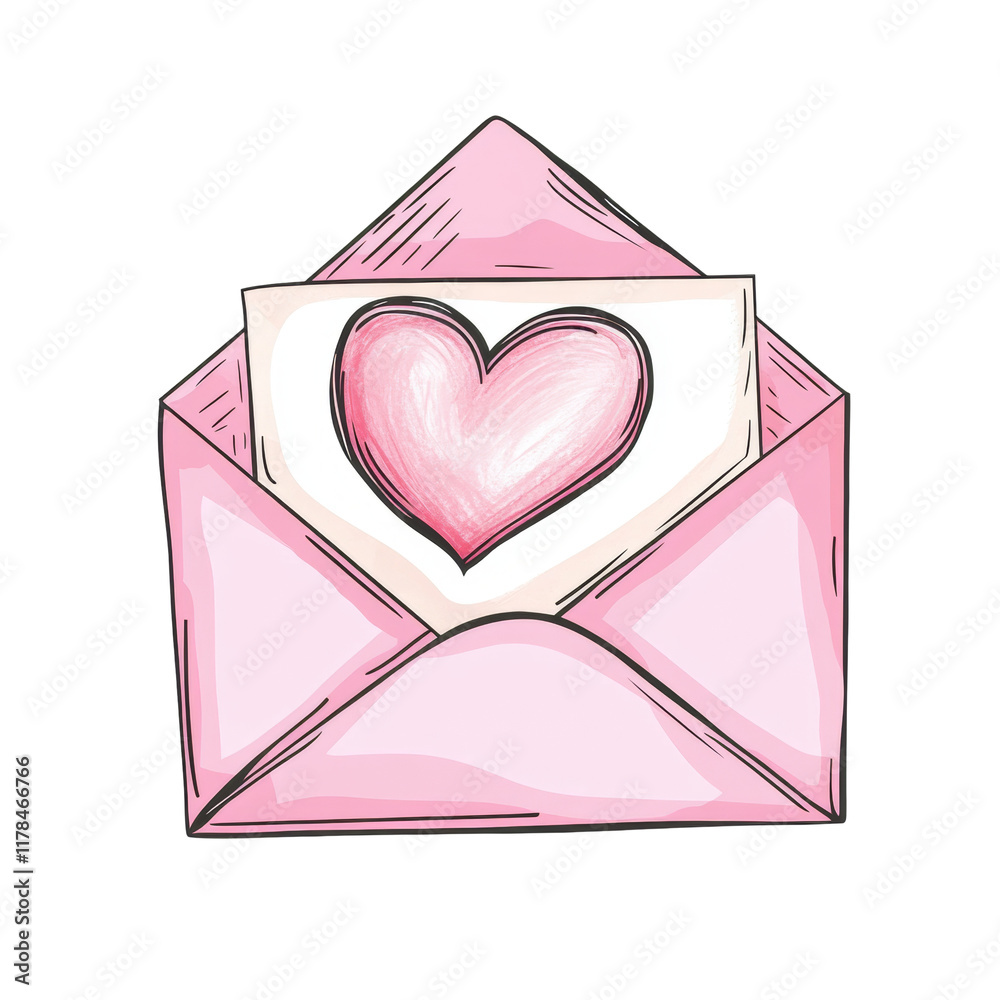 Poster a hand drawn illustration of a pink envelope containing a card with a heart symbol, representing a l