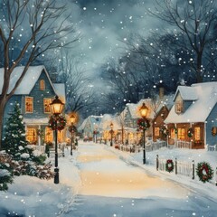 Cozy Winter Village Scene with Snow and Lights