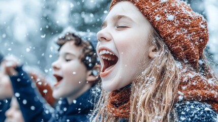Joyful Kids Playing in Winter Snow  Christmas Cheer  Festive Season