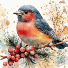 Colorful Bird Perched on Branch with Berries