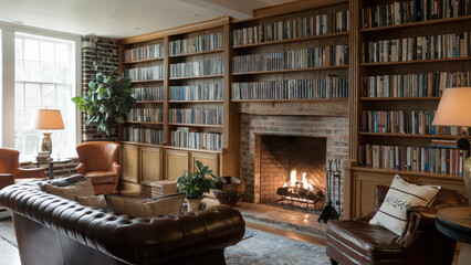 modern living room study office with leather couch, bookshelves and fireplace