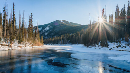 Frozen lake winter landscape in the mountains wallpaper background