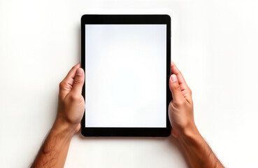 Man holds tablet device. Hands hold black modern tech product. Blank screen of tech display. Isolated white background. New tech gadget in hands. Photo shows portability concept. Digital device. Male