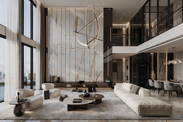 Luxury modern living room house apartment hotel with tall windows and modern furniture 