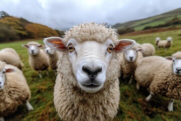 Fototapeta premium Fluffy White Sheep in a Picturesque Pasture