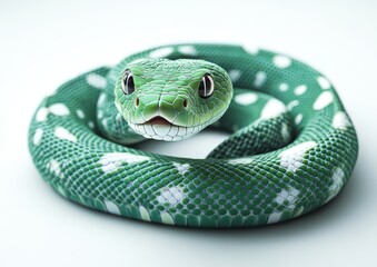 Obraz premium Close-Up of a Vivid Green Snake with Distinctive White Patterns on its Scales, Showcasing Its Beautiful Features Against a Light Background