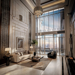 Luxury modern living room with tall windows and chandelier 