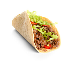 Tasty fresh taco isolated on white background, closeup