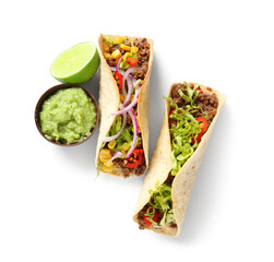 Tacos and tasty guacamole in bowl isolated on white background