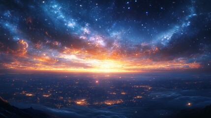 Naklejka premium A stunning cosmic landscape at sunset, blending stars and city lights in a vibrant sky.