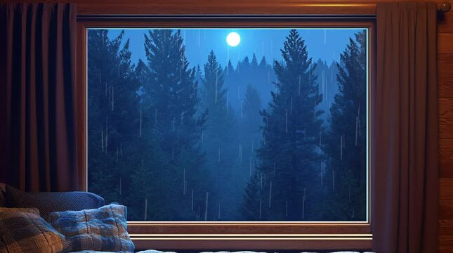 Mysterious pine forest at night seen through a cozy window with warm indoor light  
Seamless looping 4k time-lapse virtual video animation Generated AI