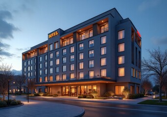 Fototapeta premium Modern hotel building at dusk with illuminated windows and surrounding landscape