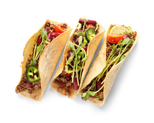Tasty fresh tacos isolated on white background