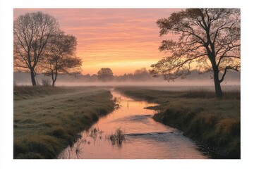 Naklejka premium Dawn's Embrace: Misty Morning by the River with Soft Light and Pastel Sky