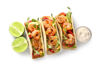 Tasty fresh tacos and lime isolated on white background