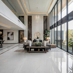 Luxury modern living room house apartment hotel with tall windows and modern furniture 