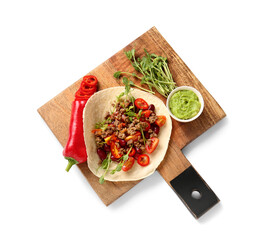 Cutting board with tasty fresh taco and ingredients isolated on white background