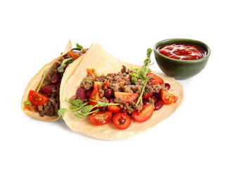 Tasty fresh tacos and bowl with ketchup isolated on white background