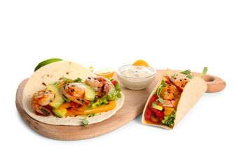 Cutting board with tasty fresh tacos isolated on white background