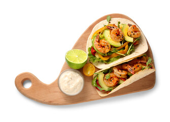 Cutting board with tasty fresh tacos isolated on white background