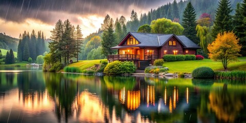Fototapeta premium Cozy Lakeside Cabin Rain, Tranquil Reflections