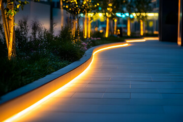 Illuminated pathway at night, garden lights, bokeh