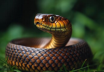 Fototapeta premium Close-Up View of a Striking Snake with Intricate Scales and Gleaming Eyes in a Lush Green Environment