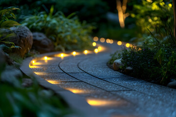 Illuminated pathway winding through a lush garden at night.