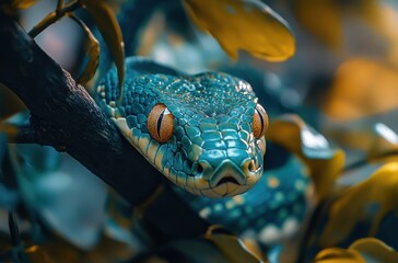 Fototapeta premium Colorful Green Tree Python Camouflaged Among Leaves in a Tropical Environment with Vibrant Colors and Intricate Scale Patterns Captured Up Close