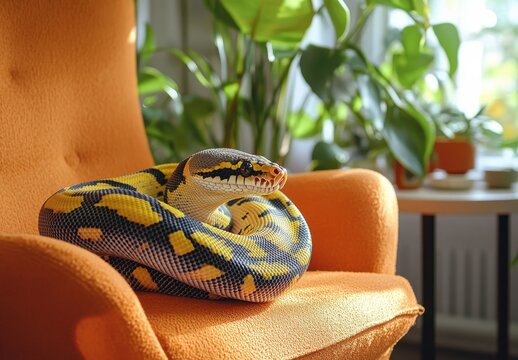 Colorful Python Relaxing on Orange Chair Surrounded by Lush Green Plants in Bright Indoor Environment