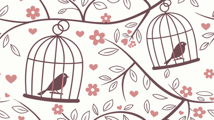 The bird is in the cage. Valentine Day Seamless Vector 