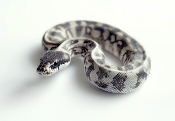 Obraz premium Elegant and Captivating White and Black Patterned Snake on a Light Background, Highlighting Its Unique Scales and Intriguing Form