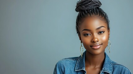 A young woman confidently posing for a studio portrait, dressed in denim and exuding a casual yet stylish vibe with a confident smile.