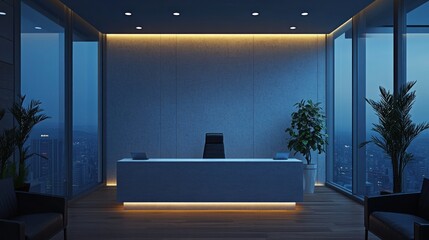 Modern office reception desk at night with city view.