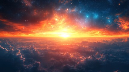 Fototapeta premium A stunning cosmic sunset over clouds, blending vibrant colors and celestial elements.