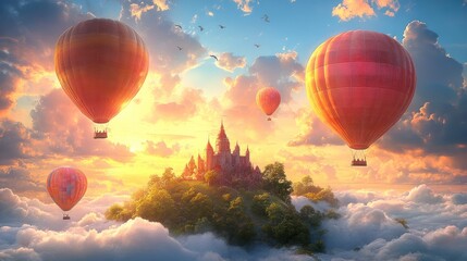 Fototapeta premium Hot air balloons float above a magical castle amidst vibrant clouds at sunset.