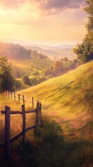 Fototapeta premium Tranquil rural scene featuring rolling hills, a wooden fence, and a warm sunset glow, capturing the peaceful essence of nature.