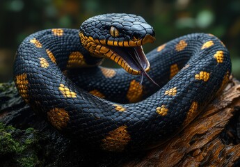 Obraz premium Majestic Black and Yellow Snake Displaying Fangs in a Natural Forest Habitat, Captured with Stunning Detail to Showcase Its Beautiful Scales and Vibrant Colors