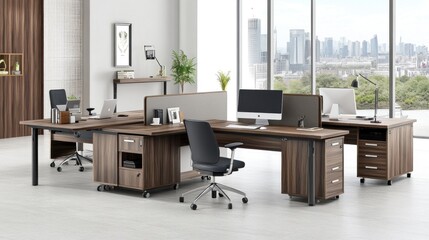 Modern office with shared desks, computers, and ergonomic chairs.