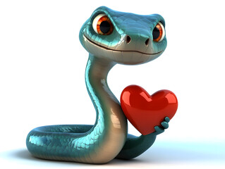 Adorable legless cartoon snake holding red heart, showcasing friendly and playful expression. This charming character is perfect for conveying love and affection