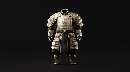 Fototapeta premium Samurai Armor: A meticulously crafted 3D rendering of a traditional samurai armor, showcasing intricate details and a weathered aesthetic. The armor stands against a dark backdrop.