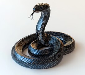 Fototapeta premium Realistic 3D Render of a Glossy Black Snake Coiling with Intricate Details Showcasing Scales, Tongue, and Natural Posture Against a Minimalist Background