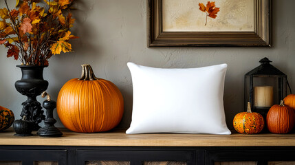 Cozy Autumn Home Decor: White Pillow, Pumpkins, and Fall Leaves on Wooden Table