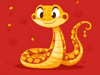 fun and festive golden cartoon snake with charming smile, featuring playful design and vibrant colors against red background. Perfect for celebrations