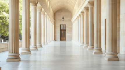 Classical Colonnade: A majestic hallway lined with towering white columns, bathed in soft sunlight, creating an atmosphere of timeless elegance and grandeur.  