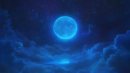 luminous blue moon floats in starry night sky surrounded by clouds